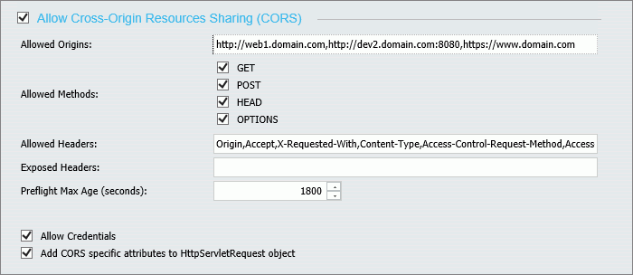 The Allow Cross-Origin Resource Sharing (CORS) section of the Cross-Origin Settings dialog box with CORS settings activated.