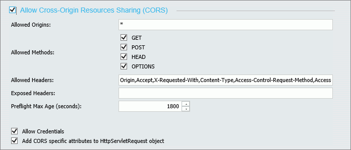 The Allow Cross-Origin Resource Sharing (CORS) section of the Cross-Origin Settings dialog box with CORS settings activated and no URLS assigned..