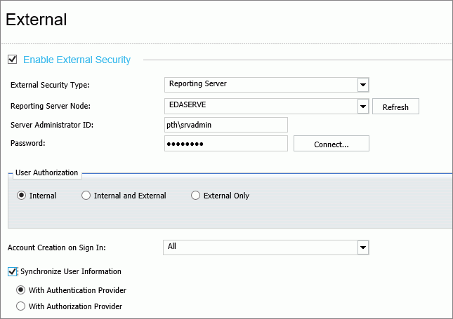 The External Security page configured for LDAP authentication.