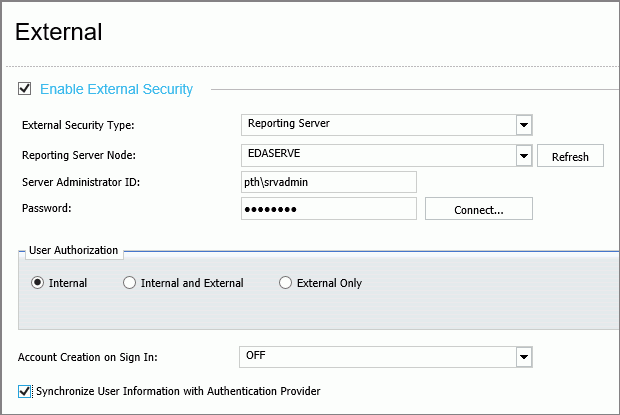 External security settings with the syncronize user authentication selected