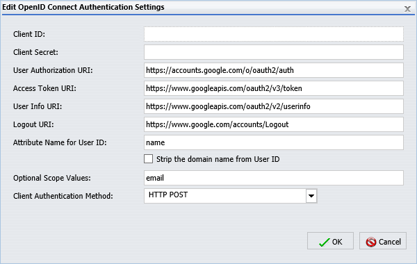 The Edit OpenID Connect Authentication Settings dialog box configured with the default endpoints for Google OpenID Connect.