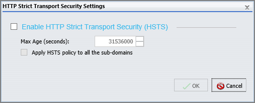 The HTTP Strict Transport Security Settings dialog box, with the Enable HTTP Strict Transport Security (HSTS) check box cleared and unenabled.