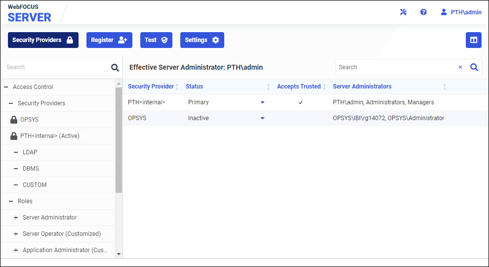 The Security providers tab showing PTH<Internal> as the new primary provider and OPSYS as an inactive provider.